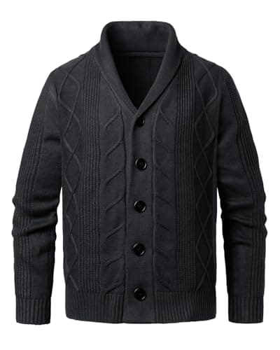 Image of Beryielite Men's Shawl Collar Cardigan Knitted Button Down Sweater Long Sleeve V Neck Sweatshirt for Autumn Winter Black