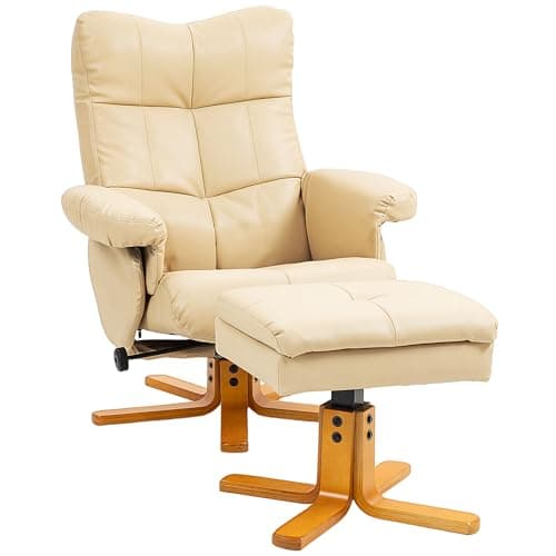 Image of HOMCOM PU Leather Swivel Recliner Chair with Footstool, Wooden Base and Storage for Living Room, Beige