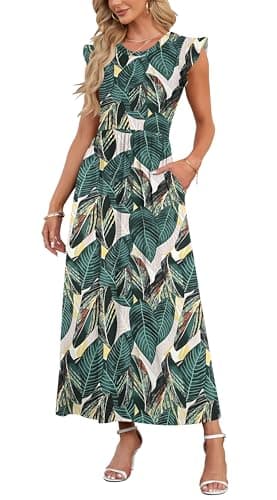 Image of AUSELILY Women Summer Maxi Dress Ruffle Petal Short Sleeve Dresses with Pockets Casual Crew Neck Beach Long Dress Elegant Green Leaf Print L