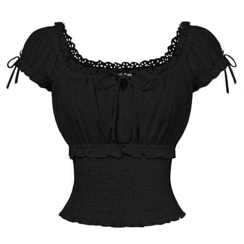 Image of SCARLET DARKNESS Women Renaissance Cotton Short Sleeve Square Neck Top Smocked Waist U-Back Ruffled Cuff Blouses Black L