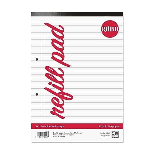 Image of RHINO A4 Refill Pad, Writing Pad, 160 Page / 8mm Lined with Margin, 1 Pack, White Hole Punched Writing Paper, Office & School Stationery Supplies