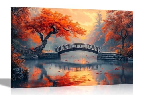 Image of Artley Prints - Autumn Landscape Footbridge Over RiverCanvas Wall Pictures For Bedroom Hallway Living Room Prints Home Office Large 86 x 61cm (34 x 24 inches) A1