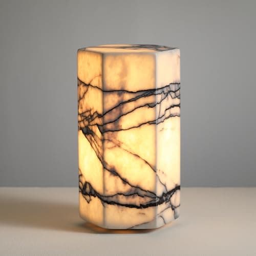 Image of Artsolute Handcrafted Real Marble Table Lamp, Stone Lamp with Tri-Color Dimmable LED, Bedside Lamp, Small Table Lamp for Home Decor, Accent Table Lamp for Bedroom Living Room, Hexagon