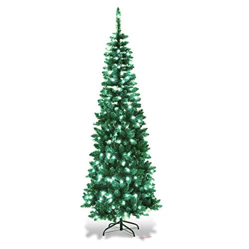 Image of 8Ft/2.4m Pre-Lit Artificial Slim Christmas Tree Green Pencil Tree, Pointed Tips, Metal Stand Cool White LEDs Lights Holiday Home Decorations
