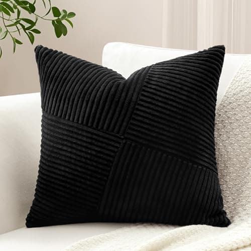Image of Sungeek Set of 1 Soft Corduroy Decorative Cushion Cover 45x45cm Striped Pinwheel Patchwork Textured Throw Pillow Cases Farmhouse Solid Square Pillow Covers 18x18 Inch for Sofa Bed Couch, Black