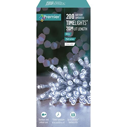 Image of Premier 200 Timelights Battery Operated 20m Clear Cable Multi Action String Lights - White