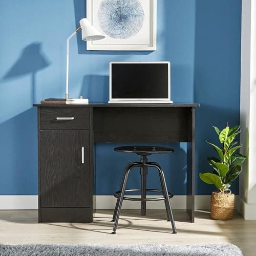 Image of Home Source Office Desk, 1 Drawer & 1 Door Compact Computer Workstation, Black