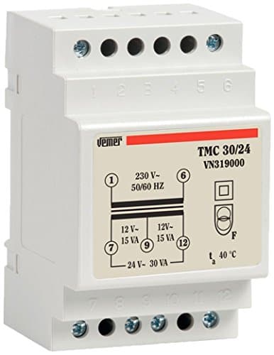 Image of VEMER VN319000 model TMC 30/24 DIN-rail mounting safety transformer for continuous service 230V/12-24V. Color Grey