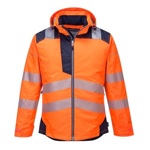 Image of Portwest PW3 T400 Mens Hi Vis Hooded Work Jacket Waterproof Lightweight Quilt Lined Thermal Winter Safety Coat 300D Oxford Reflective Tape for Construction Rail Utility, Orange/Black, XL