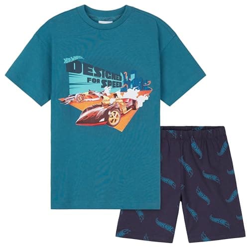 Image of Hot Wheels Boys Pyjamas Set Short PJs Kids Lounge Set Nightwear Soft Summer Breathable Sleepwear Jammies Gifts for Boys (Blue, 6-7 Years)