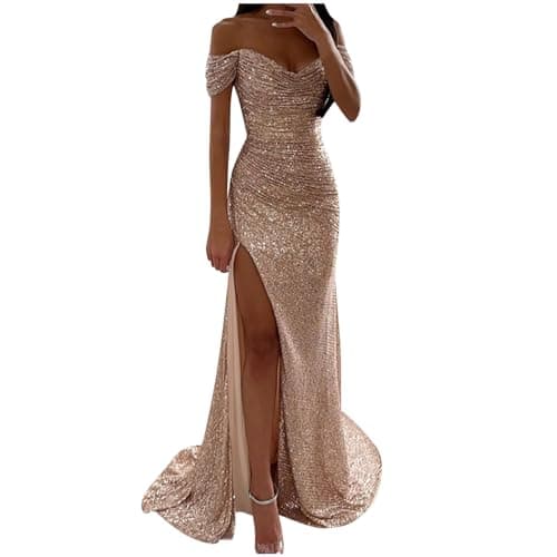 Image of Evening Dresses for Women UK Sequins Wedding Guest Bridesmaid Maxi Dress Off The Shoulder High Split Floor Length Prom Ball Gowns Sparkly Glitter Party Club Dresses Ladies Formal Cocktail Dress Gold