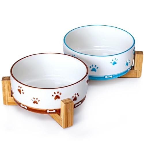 Image of YUN TAO 3.5 Cups Pet Bowls Set of 2 for Medium Dogs,Ceramic Pet Food Water Dish Feeding with Wooden Stand,Cute Puppy Pet Dishes,Includes Non-Slip Silicone Mat