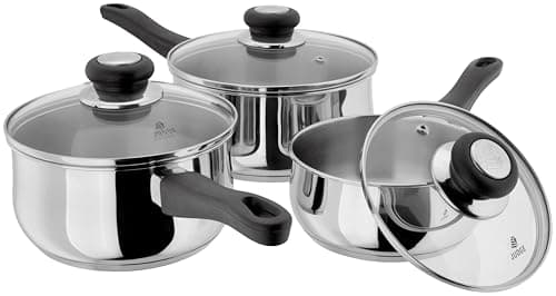 Image of Judge Vista Set of 3 Stainless Steel Pans, 16cm, 18cm & 20cm Saucepans, Shatterproof Vented Glass Lids, Induction Ready, Oven Safe