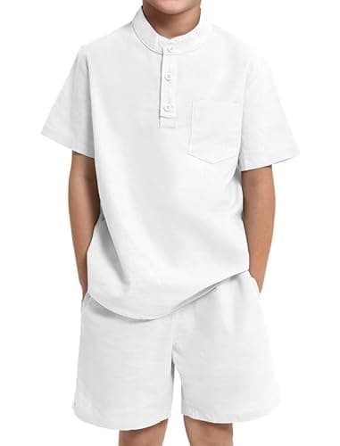 Image of JiAmy Boys Outfits 2 Piece Clothing Set Solid Henley Collar Short Sleeves Shirts with Shorts Set Summer Casual Kids Outfit for 9-10 Years, White