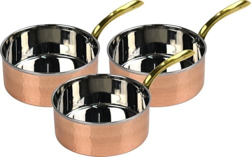 Image of Copper Sauce Pan Set 3 Pieces Stainless Steel with Hammered Copper Brass Handle for Cooking & Serving (3X 300ml Capacity)
