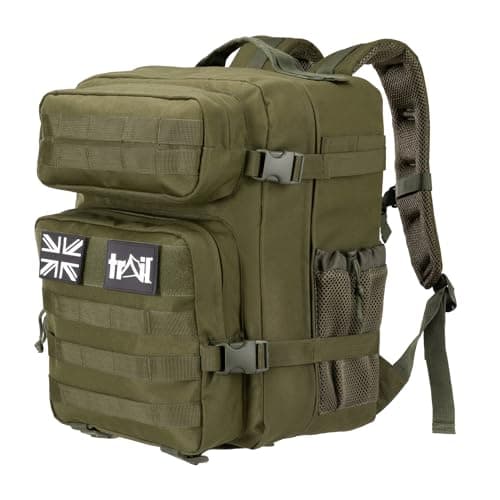 Image of Trail Tactical Backpack 30L, Green Military Army Style Rucksack with MOLLE System, Laptop Sleeve, Full Clamshell Opening, Outdoor Travel Hiking Bag with Padded Back & Adjustable Chest Strap