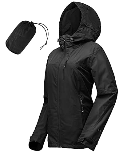 Image of 33,000ft Women's Lightweight Waterproof Jacket Packable Hooded Rain Jacket Breathable Windbreaker Softshell Raincoat for Outdoor Running Walking Hiking (Black-2XL/UK 20-22)