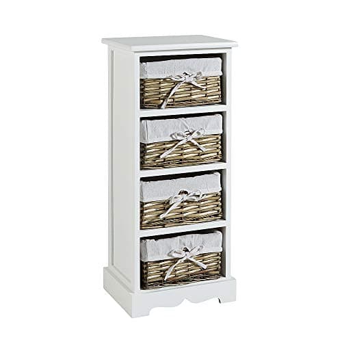 Image of Home Source Bedroom Wooden Storage Unit, Woven Willow Wicker Baskets, 4 Drawer Cabinet Chest, White