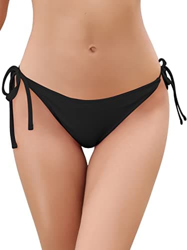 Image of SHEKINI Women's Cheeky Bikini Bottoms Side Tie Low Waisted Swim Briefs Back Ruched Swimsuit Bottom, Black, M