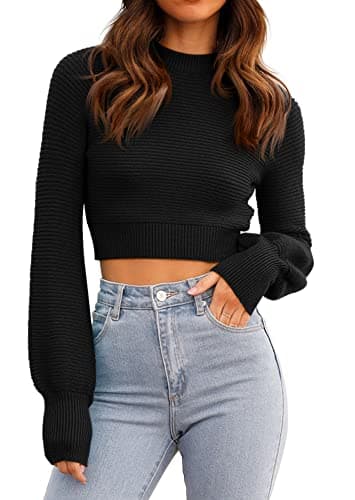 Image of GeGekoko Womens Jumpers Sweatshirt Sexy Crew Neck Cropped Sweaters Ribbed Knit Long Sleeve Crop Tops Pullover Black