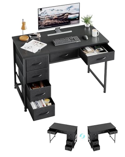Image of MUTUN 100x48 cm Desk, Small Computer Desk with 6 Fabric Drawers, Reversible Home Office Desk with Adjustable Feet, Work Desks for Office, Study, Vanity Table for Bedroom, Black