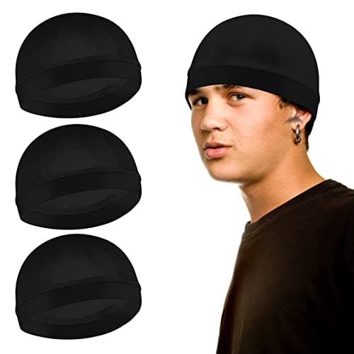 Image of Sibba 3 Pieces Unisex Satin Silky Wave Caps 360 540 720 Wave Elastic Band Silky Durag Headwear Stockings Wig Beanie Cap Soft Breathable Skullies Beanies Cap for Sleeping Shower Black