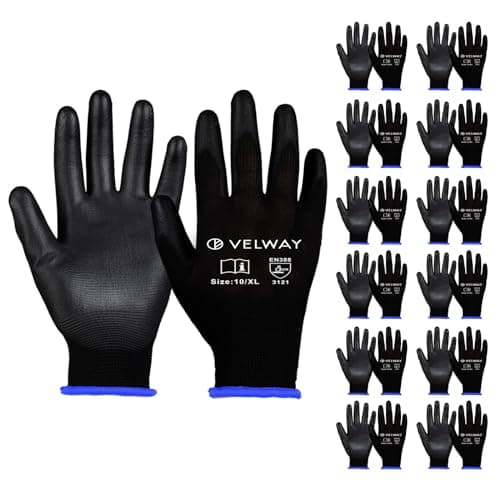 Image of Velway 12 Pairs Safety Work Gloves - Firm Grip Non-Slip PU Coated Builders Gardening Protective EN388 Mechanic Working for Men Women Black (Size 10/XL)