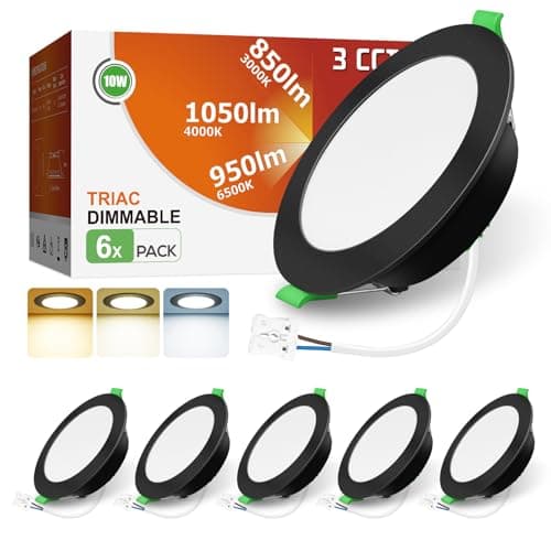 Image of ALUSSO Black LED Downlights Ceiling Dimmable 10W 1050LM IP44 Recessed Ceiling Lights, 3CCT 3000K Warm 4000K Neutral 6500K Cool Adjustable Bathroom Spotlights, 6 Pack