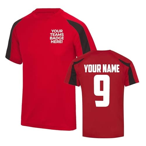 Image of Mens Custom Football Shirt Activewear Sunday League Pub Team Kit 5 7 11 a Side Club Shirts Personalised Name and Number, M, Fire Red/Jet Black