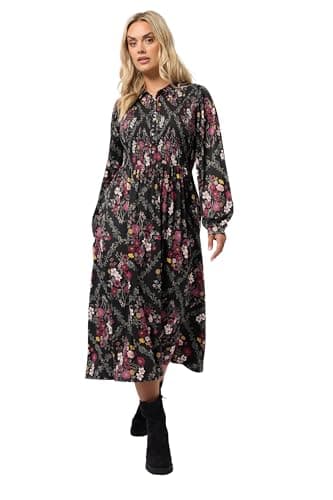 Image of Yours Curve Floral Shirred Shirt Dress - Women's - Plus Size Curve Black