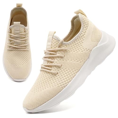 Image of EGMPDA Womens Trainers Running Shoes for Women Walking Gym Sports Ladies Trainers Flat Jogging Fitness Sneakers Breathable Fashion Casual Light Beige UK Size 5.5
