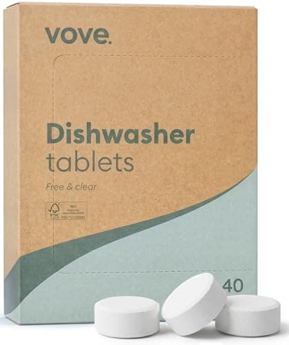 Image of Vove Dishwasher Tablets, 40 Count - Plastic-Free, No PVA, No Microplastics - 2x Enzyme Power for Sparkling Dishes - Plant-Based, Fragrance-Free, Septic Safe, FSC-Certified
