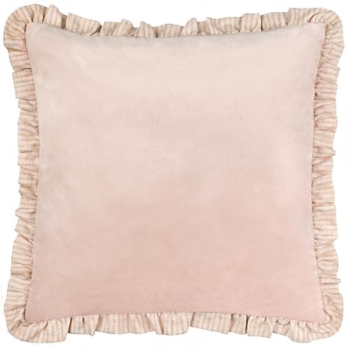 Image of furn. Wylder Solene Ruffle Cushion Cover – Soft Pastel Velvet Striped Trim Decorative Case (Pink – 45x45cm)
