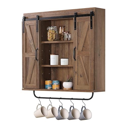 Image of RUSTOWN Rustic Wood Wall Storage Cabinet with Two Sliding Barn Door, 3-Tier Decorative Farmhouse Vintage Cabinet for Kitchen Dining, Bathroom, Living Room, Rustic Oak
