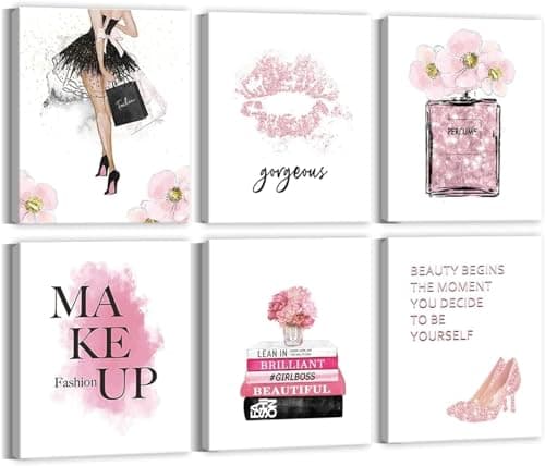 Image of ANHUIB Fashion Women Art Print Pink High Heels Make Up Framed Wall Art Flower Perfume Positive Quote Elegant Wall Artwork For Girls Pink Canvas Wall Art Bedroom Living Room Dressing Rooms Set of 6