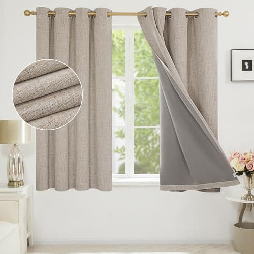 Image of Deconovo 100% Blackout Thermal Curtains with Coating, Faux Linen Energy Saving Room Darkening Eyelet Curtains fot Kids Room, 46 x 54 Inch(Width x Length), Taupe, One Pair