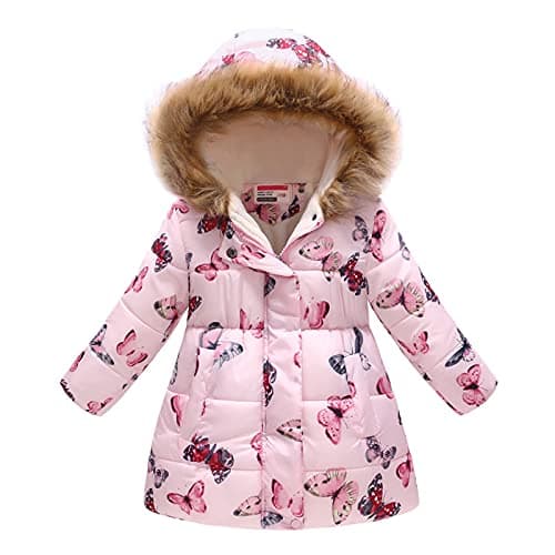Image of Kids Girls Winter Coat Faux Fur Hooded Windproof Jacket Fleece Liend Padded Thick Warm Parka Outerwear Outdoor Overcoat Cotton Coats Jackets Pink Butterfly 8-9 Years