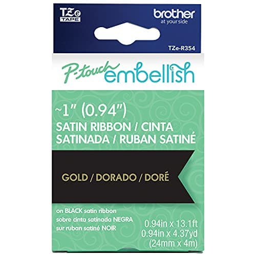 Image of Brother P-Touch Embellish Gold Print on Black Satin Ribbon TZE-R354 - ~1" Wide x 13.1’ Long (24mm x 4m/4.37yds), TZER354