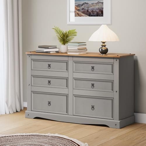 Image of Mercers Furniture Trade Corona Grey Wax Low 3+3 6 Chest Of Drawers Wide Sideboard Dresser Solid Wood Pine Wooden Painted Storage Bedroom Kitchen Living Room Hallway 83cm High 132cm Wide 43cm Deep