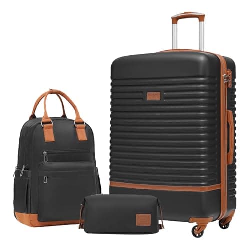Image of COOLIFE Suitcase Set, 3 Piece Luggage Sets with Travel Backpack and Toiletry Bag for Long Travel, TSA Lock 360° Spinner Wheels (Black/Brown, 28 Inch Luggage Set)