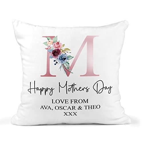 Image of Personalised Mother's Day Cushion For Mum - Floral Initial With Names - With Insert