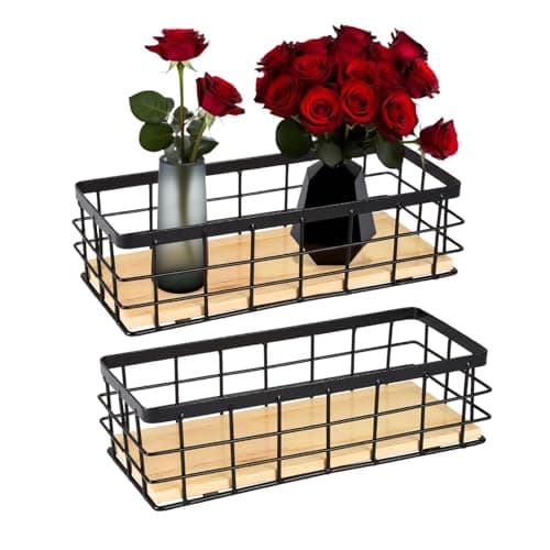Image of Pack of 2 Wire Basket with Wooden Base - Metal Mesh Basket for Storage in Kitchen, Bathroom & Office - Industrial Design Storage Basket for Shelf, Pantry & Drawer - Organiser Basket, Black