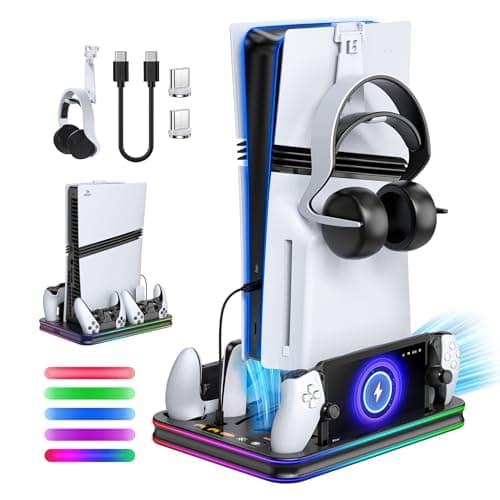 Image of FYOUNG All in One Cooling Stand & Charger Station for PS5/Slim/Pro Console and Controller Charing Dock, Charging Stand for PlayStation Portal, Headset and Remote Holder with RGB Light Stand (Black)