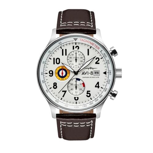 Image of AVI-8 Hawker Hurricane Mens Watch - 43.5mm Stainless Steel Case, Japanese Quartz Movement, Genuine Leather, Watches for Men, Classic Chronograph, White - AV-4011-01