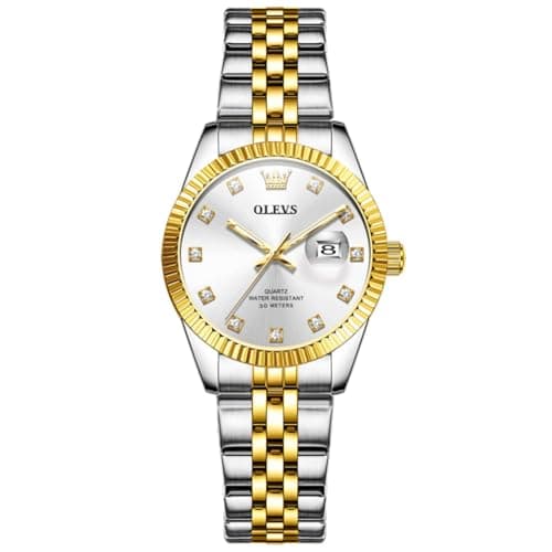 Image of OLEVS Watches for Women Luxury Gold Silver Stainless Steel Analog Quartz Ladies Watches Classic White Dial Small Face Women's Dress Watch Easy to Read Waterproof Luminous with Date Womens Watch