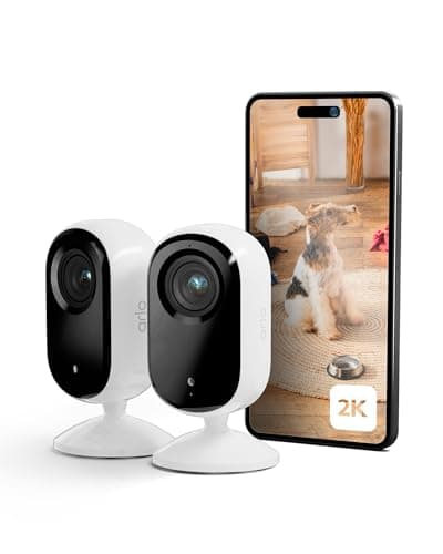 Image of Arlo Essential 2K Indoor Pet Security Camera, Wired Home CCTV Camera Indoor With Night Vision, Siren, 2 Way Audio & WiFi, Arlo Secure Free Trial, 2 Cameras, with auto privacy lens cover, white