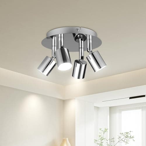 Image of URAQT GU10 Spotlight Ceiling Lamp, 4 Silver Kitchen Spot Lights for Ceiling, LED Rotatable GU10 Industrial Corridor Ceiling Light Accessories, Spotlight Bar Indoor Dimmable (Bulb Not Included)
