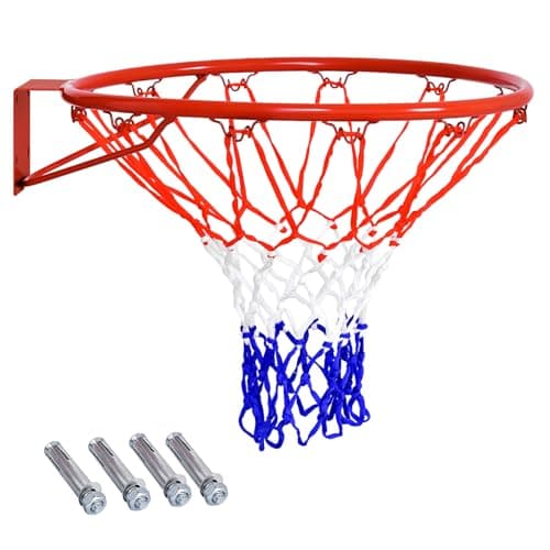 Image of GYMAX Wall Mounted Basketball Hoop, Indoor Outdoor Basketball Rim Replacement with Net, Double Spring and Fixtures, Heavy-Duty Professorial Basketball Ring Goal for Kids Adults (Red, PE Net)