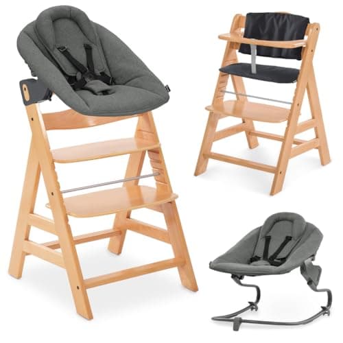 Image of hauck Alpha+ Highchair Newborn Set Premium Bouncer Dark Grey – Adjustable Wooden Highchair from Birth incl. Newborn Attachment and Seat Cushion – Natural
