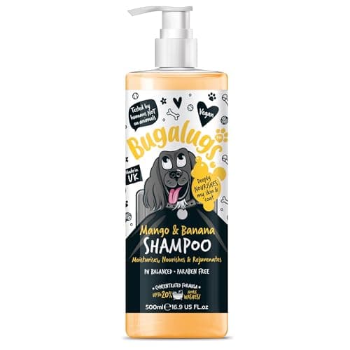 Image of BUGALUGS Dog Shampoo Tropical Mango & Banana grooming products for smelly dogs with fragrance, best puppy shampoo, professional groom Vegan pet shampoo & conditioner (500ml)